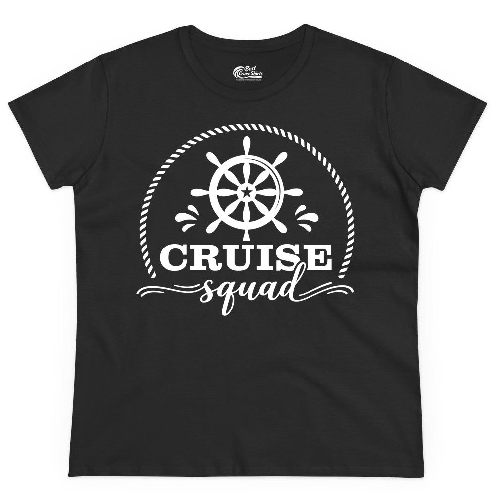 Cruise Squad Shirt - Nautical Wheel Group Cruise Apparel Matching (Ladies Tee) in Black - Cruise Squad Nautical Wheel Shirt - Rope and Fun Script Group Apparel