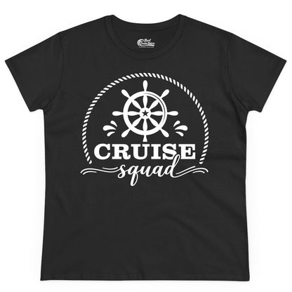 Cruise Squad Shirt - Nautical Wheel Group Cruise Apparel Matching (Ladies Tee) in Black - Cruise Squad Nautical Wheel Shirt - Rope and Fun Script Group Apparel