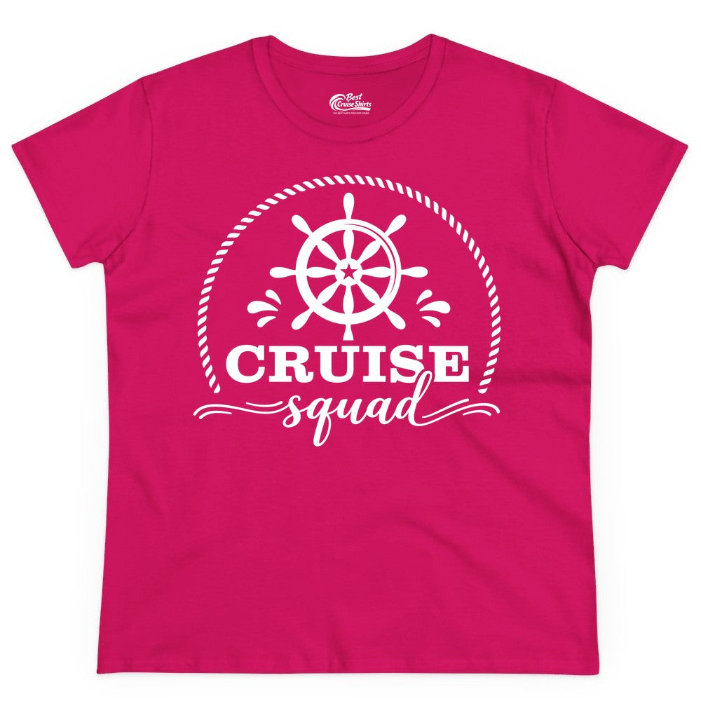 Cruise Squad Shirt - Nautical Wheel Group Cruise Apparel Matching (Ladies Tee) in Heliconia - Cruise Squad Nautical Wheel Shirt - Rope and Fun Script Group Apparel