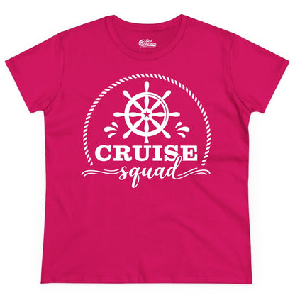 Cruise Squad Shirt - Nautical Wheel Group Cruise Apparel Matching (Ladies Tee) in Heliconia - Cruise Squad Nautical Wheel Shirt - Rope and Fun Script Group Apparel