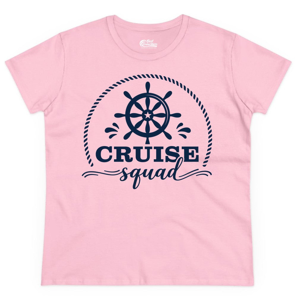 Cruise Squad Shirt - Nautical Wheel Group Cruise Apparel Matching (Ladies Tee) in Light Pink - Cruise Squad Nautical Wheel Shirt - Rope and Fun Script Group Apparel