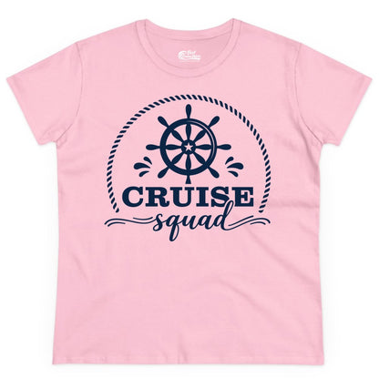 Cruise Squad Shirt - Nautical Wheel Group Cruise Apparel Matching (Ladies Tee) in Light Pink - Cruise Squad Nautical Wheel Shirt - Rope and Fun Script Group Apparel