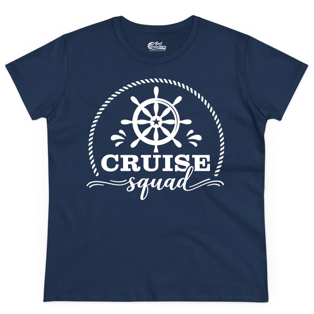 Cruise Squad Shirt - Nautical Wheel Group Cruise Apparel Matching (Ladies Tee) in Navy - Cruise Squad Nautical Wheel Shirt - Rope and Fun Script Group Apparel