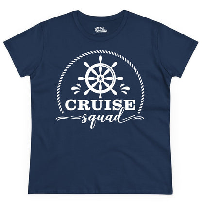 Cruise Squad Shirt - Nautical Wheel Group Cruise Apparel Matching (Ladies Tee) in Navy - Cruise Squad Nautical Wheel Shirt - Rope and Fun Script Group Apparel