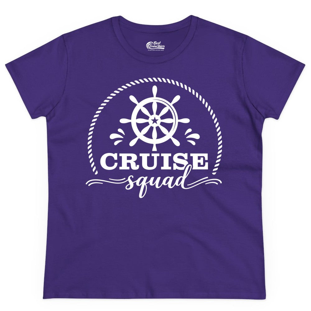 Cruise Squad Shirt - Nautical Wheel Group Cruise Apparel Matching (Ladies Tee) in Purple - Cruise Squad Nautical Wheel Shirt - Rope and Fun Script Group Apparel