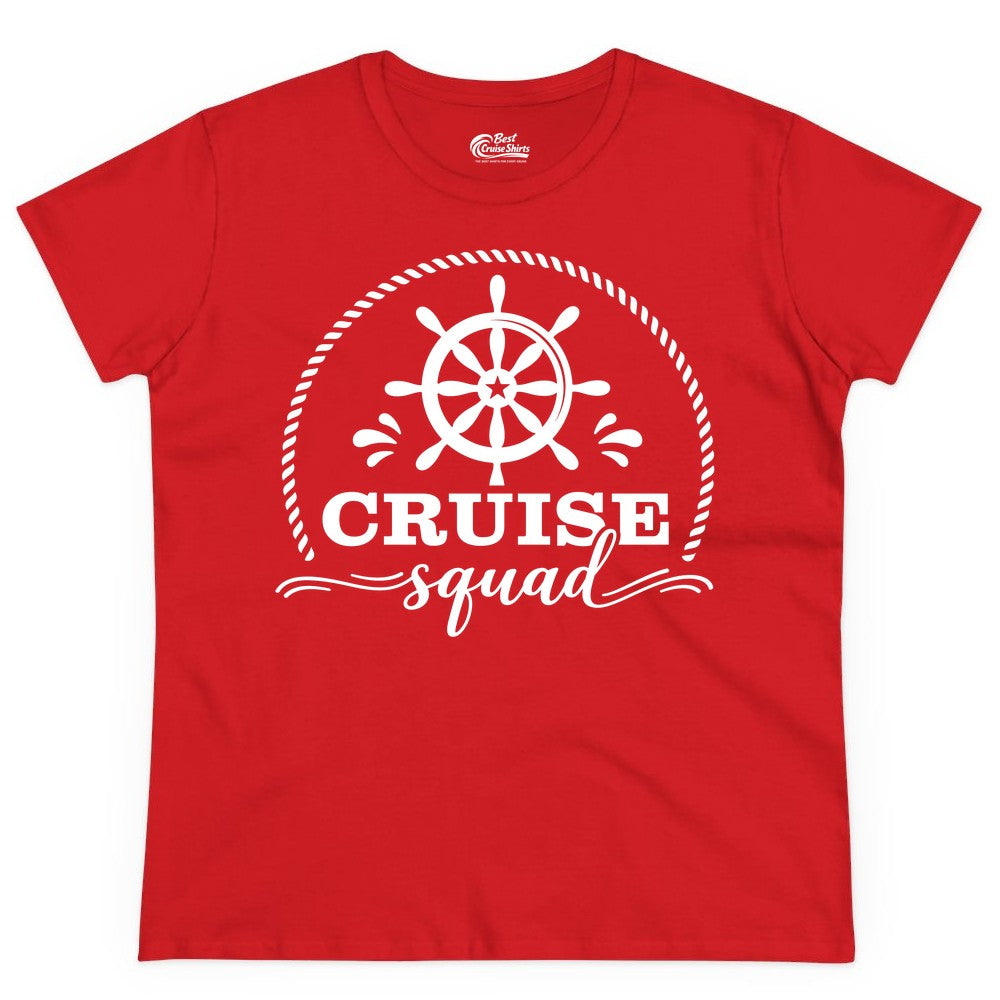 Cruise Squad Shirt - Nautical Wheel Group Cruise Apparel Matching (Ladies Tee) in Red - Cruise Squad Nautical Wheel Shirt - Rope and Fun Script Group Apparel