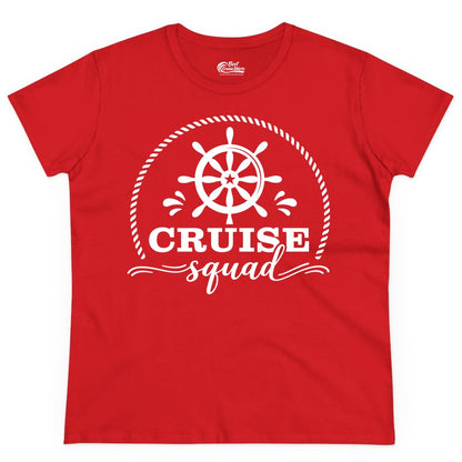 Cruise Squad Shirt - Nautical Wheel Group Cruise Apparel Matching (Ladies Tee) in Red - Cruise Squad Nautical Wheel Shirt - Rope and Fun Script Group Apparel