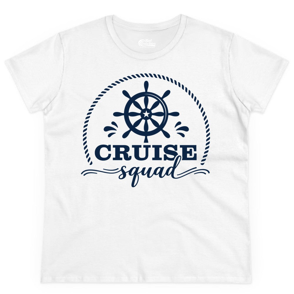 Cruise Squad Shirt - Nautical Wheel Group Cruise Apparel Matching (Ladies Tee) in White - Cruise Squad Nautical Wheel Shirt - Rope and Fun Script Group Apparel