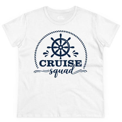 Cruise Squad Shirt - Nautical Wheel Group Cruise Apparel Matching (Ladies Tee) in White - Cruise Squad Nautical Wheel Shirt - Rope and Fun Script Group Apparel