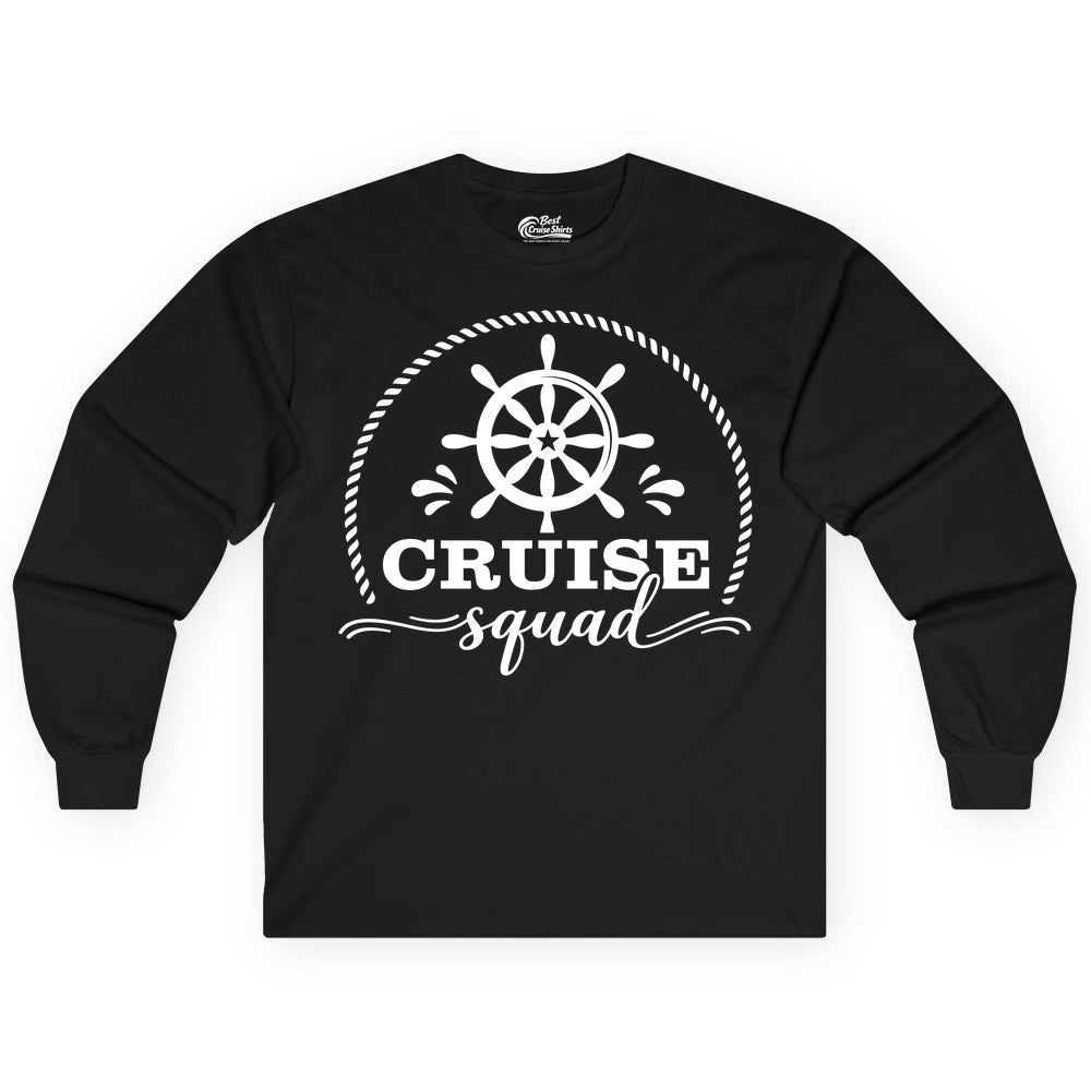Cruise Squad Shirt - Nautical Wheel Group Cruise Apparel Matching (Long Sleeve) in Black - Cruise Squad Nautical Wheel Shirt - Rope and Fun Script Group Apparel