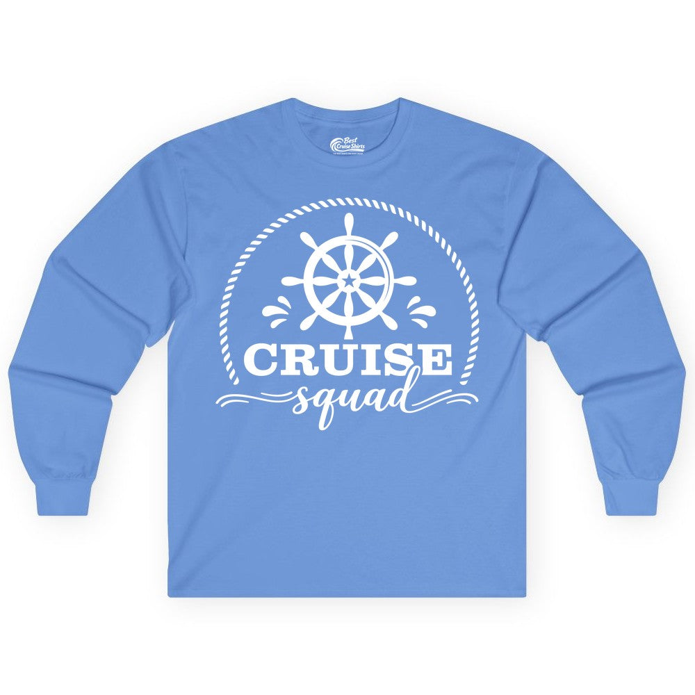 Cruise Squad Shirt - Nautical Wheel Group Cruise Apparel Matching (Long Sleeve) in Carolina Blue - Cruise Squad Nautical Wheel Shirt - Rope and Fun Script Group Apparel