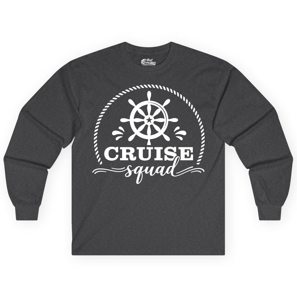 Cruise Squad Shirt - Nautical Wheel Group Cruise Apparel Matching (Long Sleeve) in Dark Heather - Cruise Squad Nautical Wheel Shirt - Rope and Fun Script Group Apparel