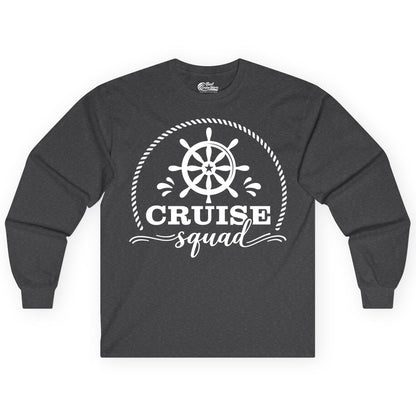 Cruise Squad Shirt - Nautical Wheel Group Cruise Apparel Matching (Long Sleeve) in Dark Heather - Cruise Squad Nautical Wheel Shirt - Rope and Fun Script Group Apparel