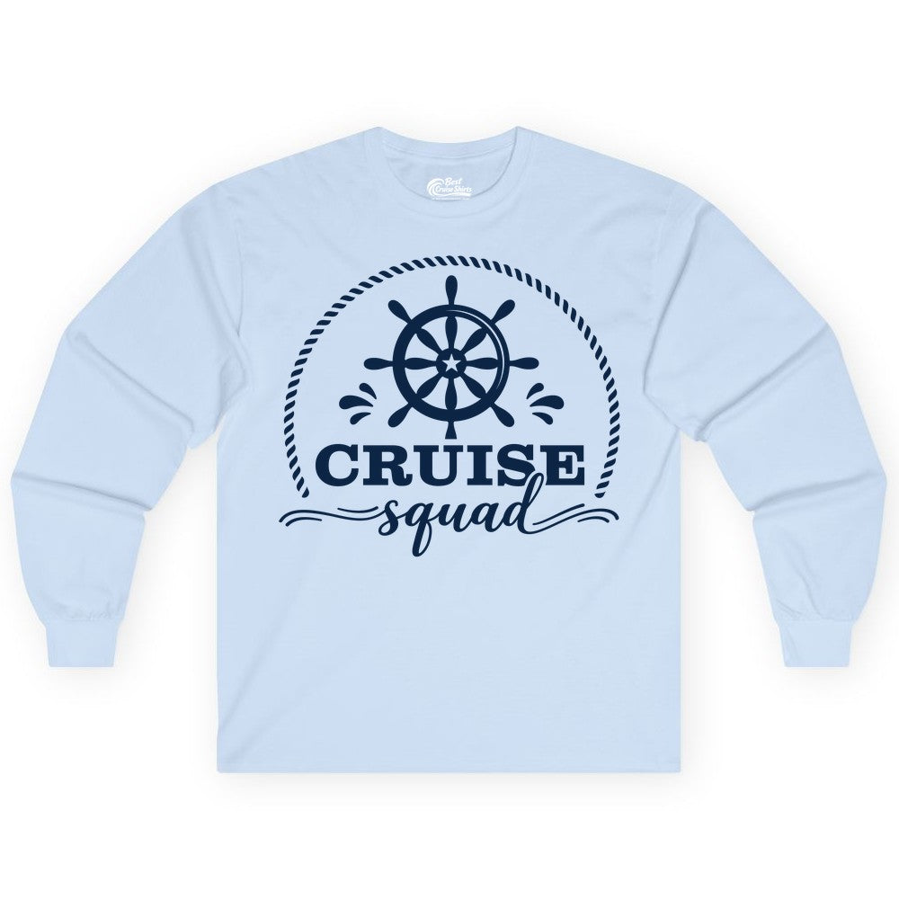 Cruise Squad Shirt - Nautical Wheel Group Cruise Apparel Matching (Long Sleeve) in Light Blue - Cruise Squad Nautical Wheel Shirt - Rope and Fun Script Group Apparel
