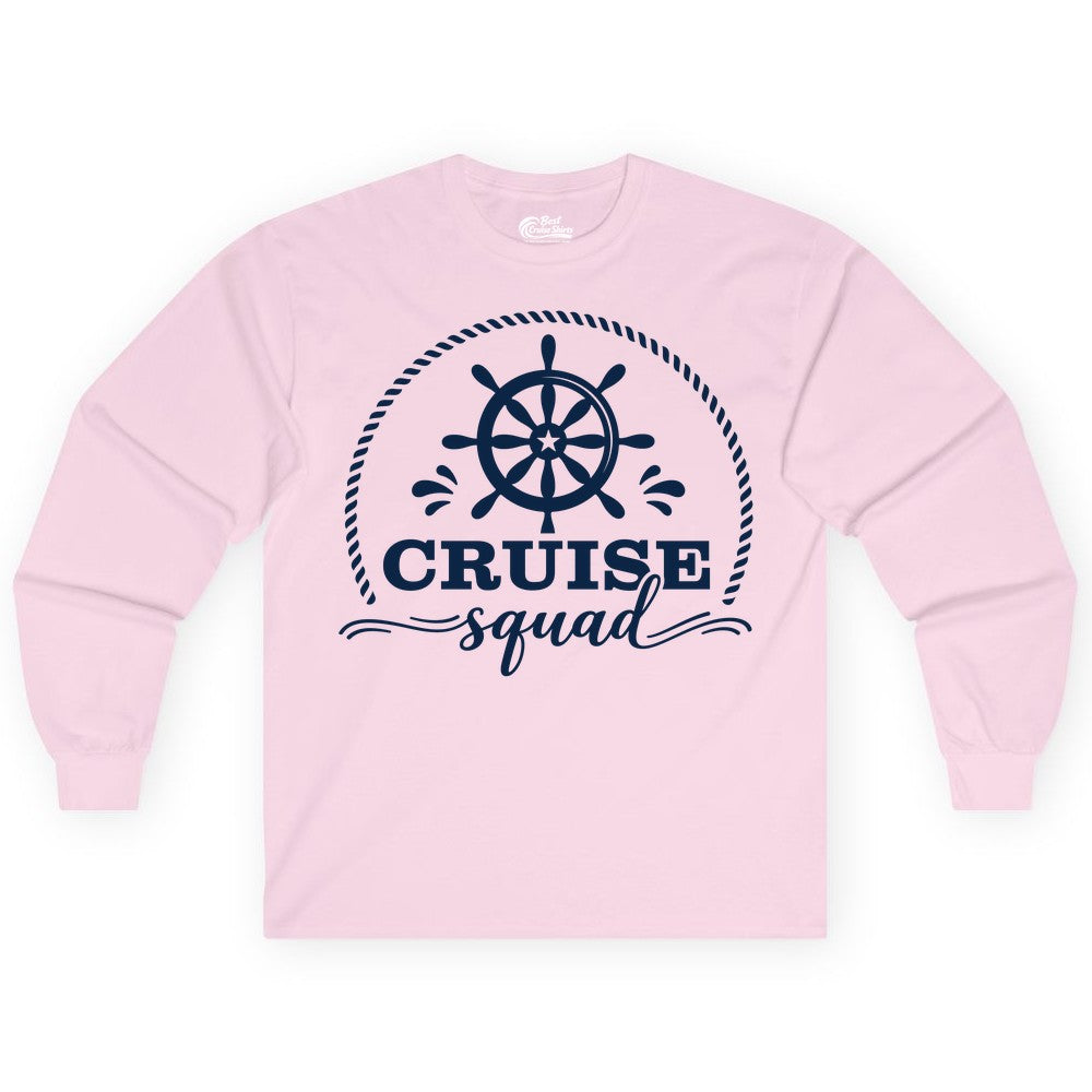 Cruise Squad Shirt - Nautical Wheel Group Cruise Apparel Matching (Long Sleeve) in Light Pink - Cruise Squad Nautical Wheel Shirt - Rope and Fun Script Group Apparel