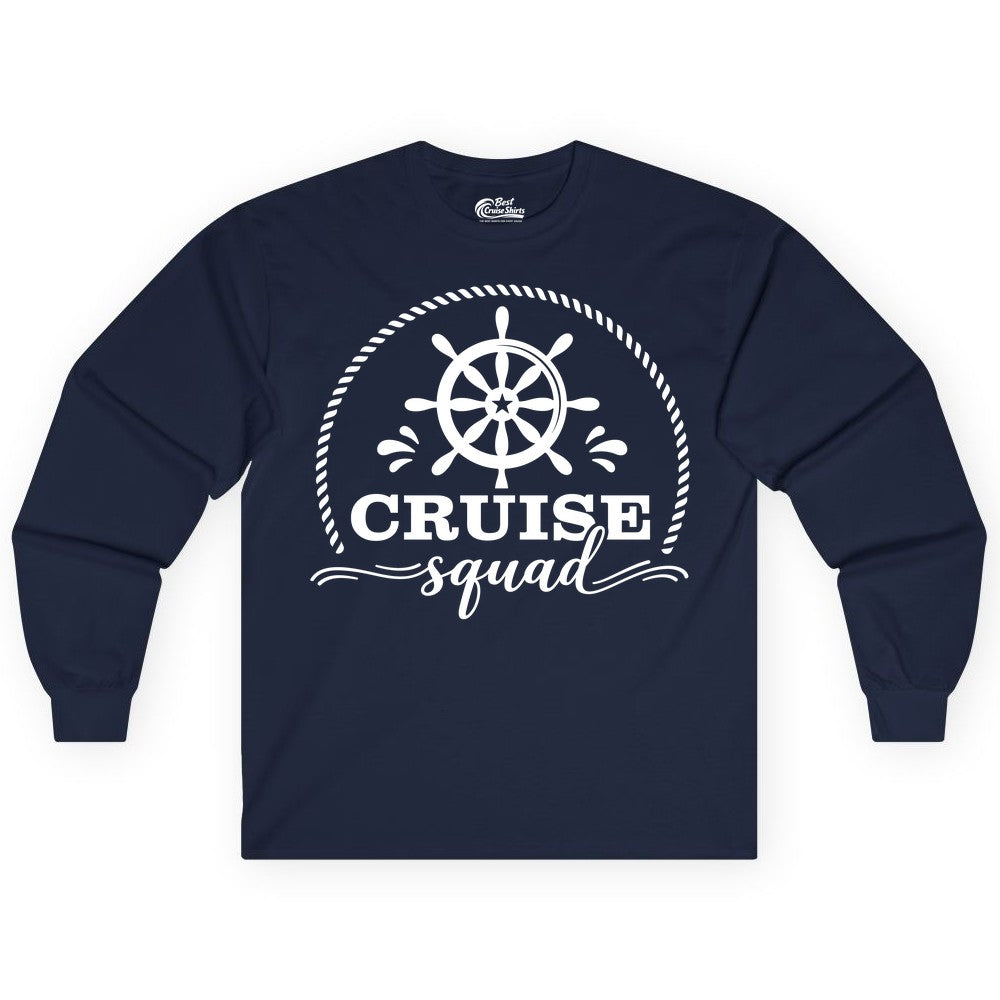 Cruise Squad Shirt - Nautical Wheel Group Cruise Apparel Matching (Long Sleeve) in Navy - Cruise Squad Nautical Wheel Shirt - Rope and Fun Script Group Apparel