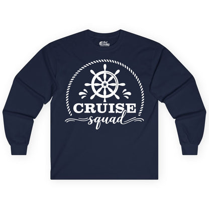 Cruise Squad Shirt - Nautical Wheel Group Cruise Apparel Matching (Long Sleeve) in Navy - Cruise Squad Nautical Wheel Shirt - Rope and Fun Script Group Apparel