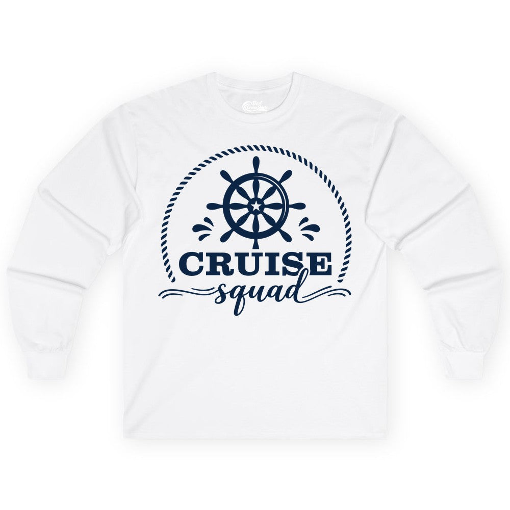 Cruise Squad Shirt - Nautical Wheel Group Cruise Apparel Matching (Long Sleeve) in White - Cruise Squad Nautical Wheel Shirt - Rope and Fun Script Group Apparel