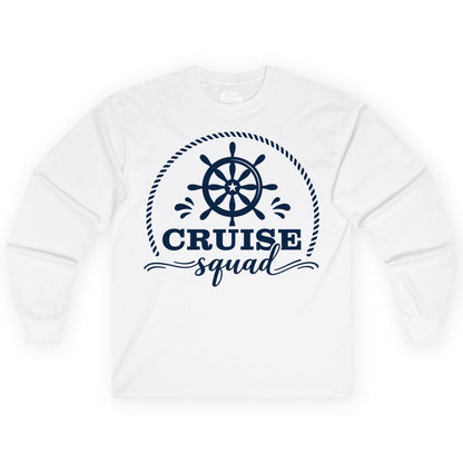 Cruise Squad Shirt - Nautical Wheel Group Cruise Apparel Matching (Long Sleeve) in White - Cruise Squad Nautical Wheel Shirt - Rope and Fun Script Group Apparel