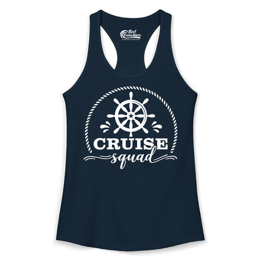 Cruise Squad Shirt - Nautical Wheel Group Cruise Apparel Matching (Ladies Tank) in Solid Midnight Navy - Cruise Squad Nautical Wheel Shirt - Rope and Fun Script Group Apparel