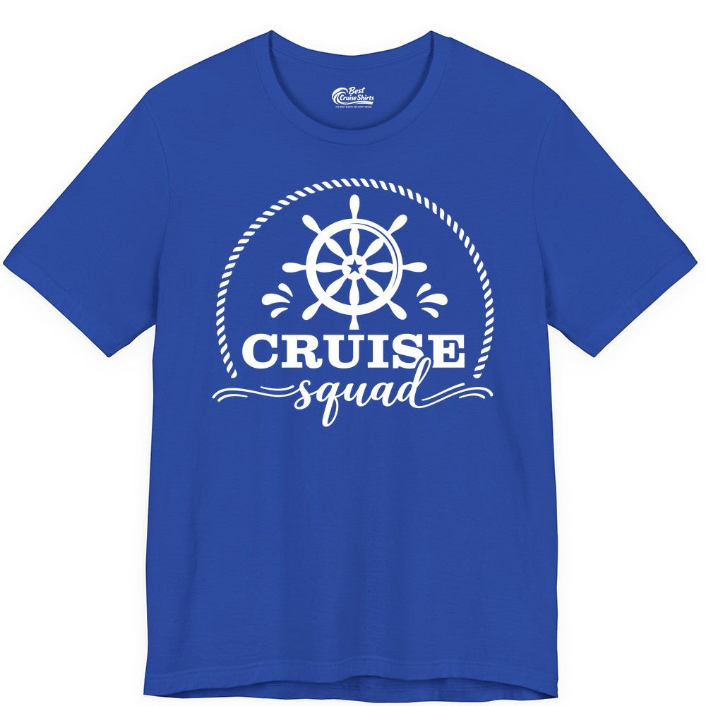 Cruise Squad Shirt - Nautical Wheel Group Cruise Apparel Matching (Premium Tee) in True Royal - Cruise Squad Nautical Wheel Shirt - Rope and Fun Script Group Apparel