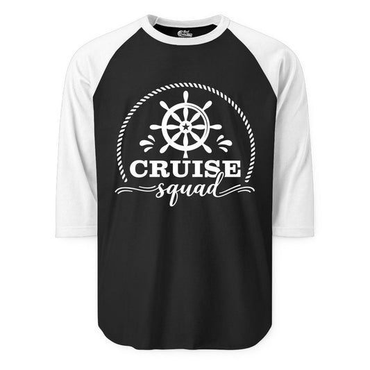 Cruise Squad Shirt - Nautical Wheel Group Cruise Apparel Matching (Raglan) in BlackWhite - Cruise Squad Nautical Wheel Shirt - Rope and Fun Script Group Apparel