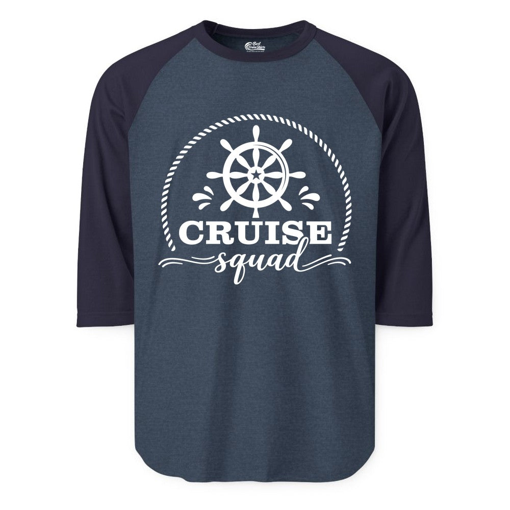 Cruise Squad Shirt - Nautical Wheel Group Cruise Apparel Matching (Raglan) in Heather DenimNavy - Cruise Squad Nautical Wheel Shirt - Rope and Fun Script Group Apparel