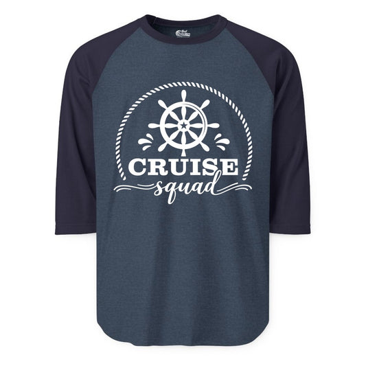 Cruise Squad Shirt - Nautical Wheel Group Cruise Apparel Matching (Raglan) in Heather DenimNavy - Cruise Squad Nautical Wheel Shirt - Rope and Fun Script Group Apparel