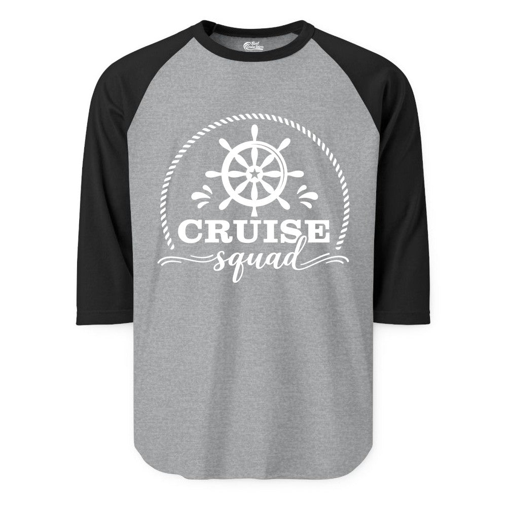 Cruise Squad Shirt - Nautical Wheel Group Cruise Apparel Matching (Raglan) in Heather GreyBlack - Cruise Squad Nautical Wheel Shirt - Rope and Fun Script Group Apparel