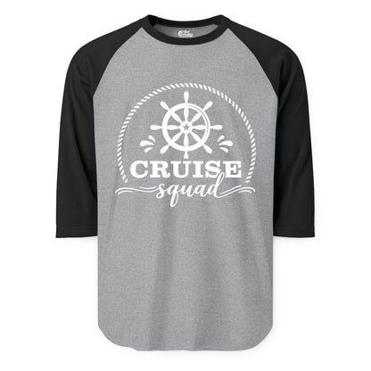 Cruise Squad Shirt - Nautical Wheel Group Cruise Apparel Matching (Raglan) in Heather GreyBlack - Cruise Squad Nautical Wheel Shirt - Rope and Fun Script Group Apparel