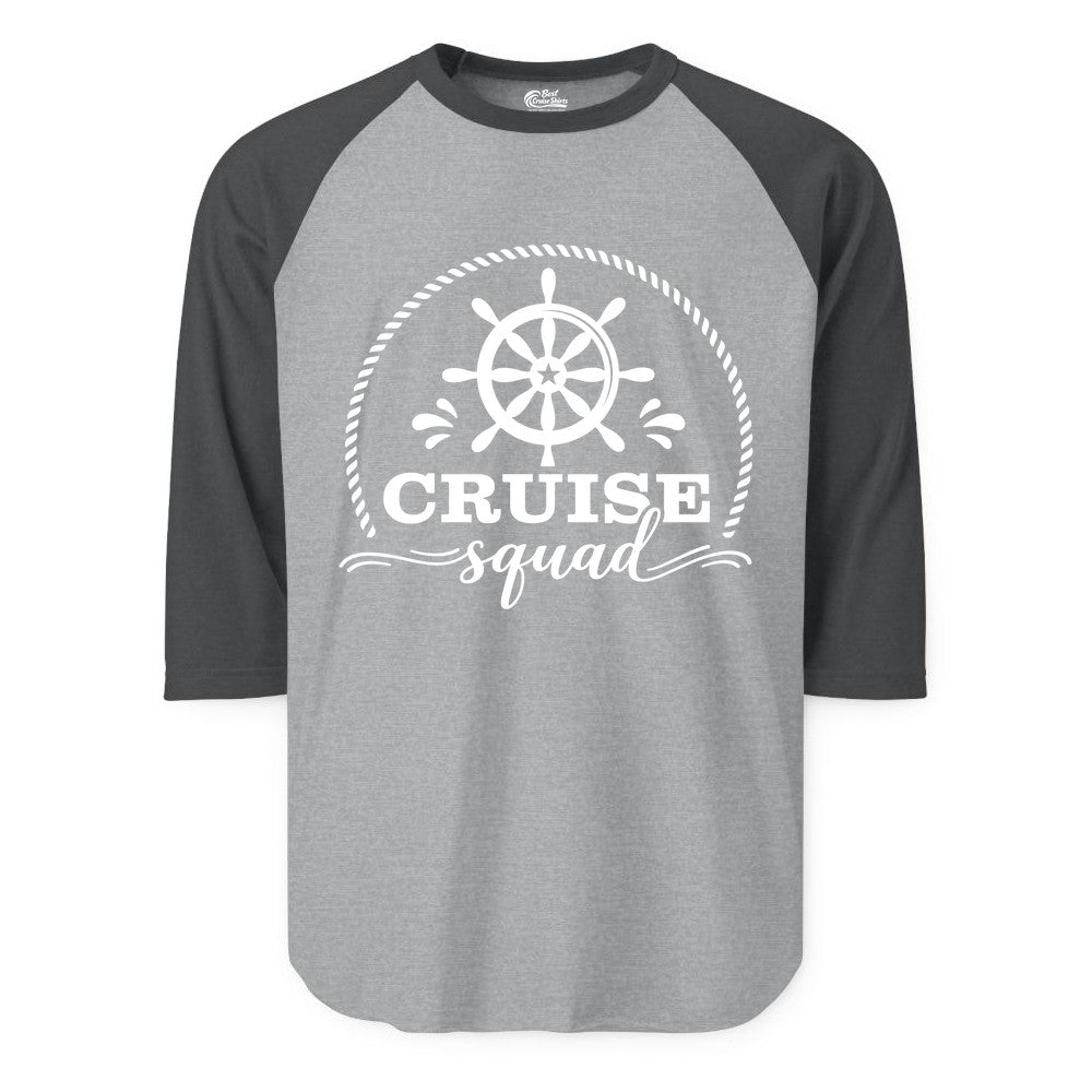 Cruise Squad Shirt - Nautical Wheel Group Cruise Apparel Matching (Raglan) in Heather GreyHeather Charcoal - Cruise Squad Nautical Wheel Shirt - Rope and Fun Script Group Apparel