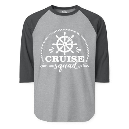 Cruise Squad Shirt - Nautical Wheel Group Cruise Apparel Matching (Raglan) in Heather GreyHeather Charcoal - Cruise Squad Nautical Wheel Shirt - Rope and Fun Script Group Apparel