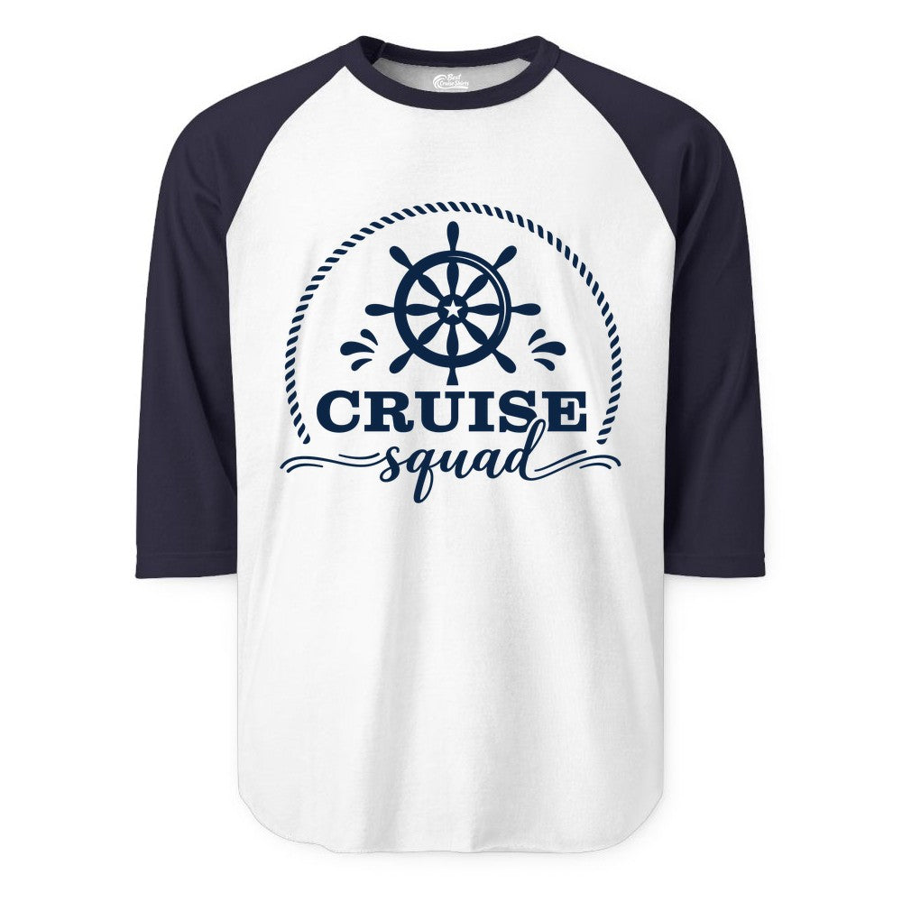 Cruise Squad Shirt - Nautical Wheel Group Cruise Apparel Matching (Raglan) in WhiteNavy - Cruise Squad Nautical Wheel Shirt - Rope and Fun Script Group Apparel