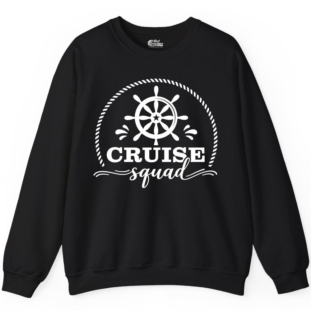 Cruise Squad Shirt - Nautical Wheel Group Cruise Apparel Matching (Sweatshirt) in Black - Cruise Squad Nautical Wheel Shirt - Rope and Fun Script Group Apparel