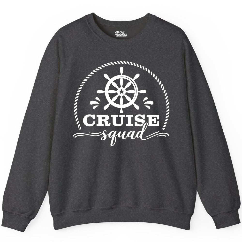 Cruise Squad Shirt - Nautical Wheel Group Cruise Apparel Matching (Sweatshirt) in Dark Heather - Cruise Squad Nautical Wheel Shirt - Rope and Fun Script Group Apparel