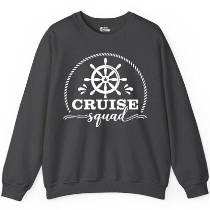 Cruise Squad Shirt - Nautical Wheel Group Cruise Apparel Matching (Sweatshirt) in Dark Heather - Cruise Squad Nautical Wheel Shirt - Rope and Fun Script Group Apparel