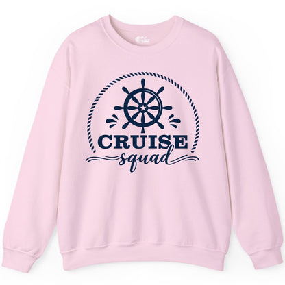 Cruise Squad Shirt - Nautical Wheel Group Cruise Apparel Matching (Sweatshirt) in Light Pink - Cruise Squad Nautical Wheel Shirt - Rope and Fun Script Group Apparel