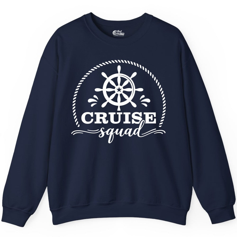 Cruise Squad Shirt - Nautical Wheel Group Cruise Apparel Matching (Sweatshirt) in Navy - Cruise Squad Nautical Wheel Shirt - Rope and Fun Script Group Apparel