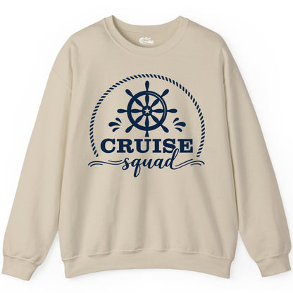 Cruise Squad Shirt - Nautical Wheel Group Cruise Apparel Matching (Sweatshirt) in Sand - Cruise Squad Nautical Wheel Shirt - Rope and Fun Script Group Apparel