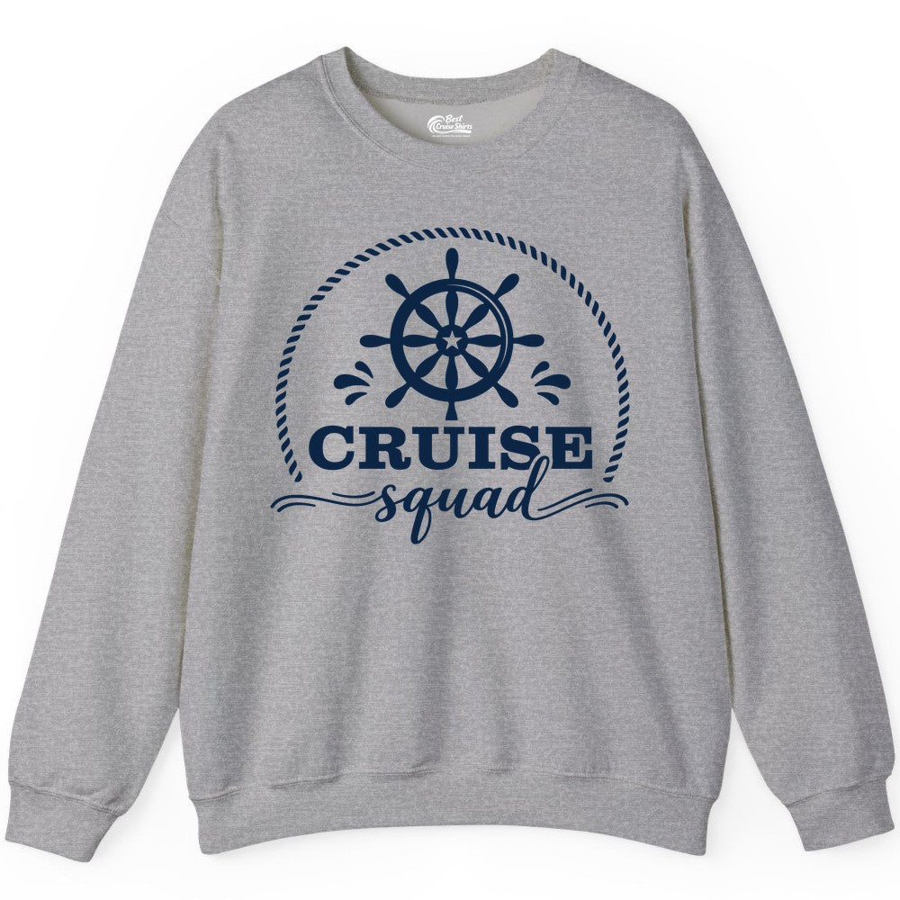 Cruise Squad Shirt - Nautical Wheel Group Cruise Apparel Matching (Sweatshirt) in Sport Grey - Cruise Squad Nautical Wheel Shirt - Rope and Fun Script Group Apparel