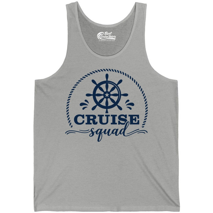 Cruise Squad Shirt - Nautical Wheel Group Cruise Apparel Matching (Tank Top) in Athletic Heather - Cruise Squad Nautical Wheel Shirt - Rope and Fun Script Group Apparel