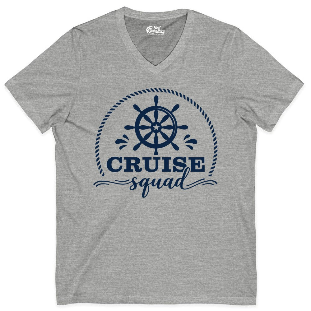 Cruise Squad Shirt - Nautical Wheel Group Cruise Apparel Matching (V-Neck) in Athletic Heather - Cruise Squad Nautical Wheel Shirt - Rope and Fun Script Group Apparel