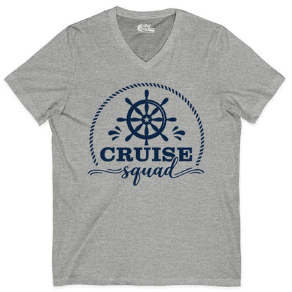 Cruise Squad Shirt - Nautical Wheel Group Cruise Apparel Matching (V-Neck) in Athletic Heather - Cruise Squad Nautical Wheel Shirt - Rope and Fun Script Group Apparel