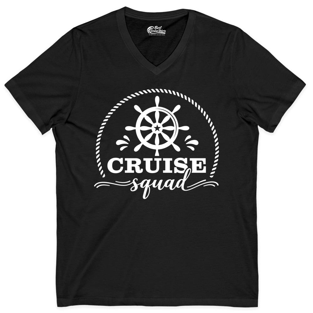 Cruise Squad Shirt - Nautical Wheel Group Cruise Apparel Matching (V-Neck) in Black - Cruise Squad Nautical Wheel Shirt - Rope and Fun Script Group Apparel