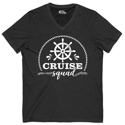 Cruise Squad Shirt - Nautical Wheel Group Cruise Apparel Matching (V-Neck) in Dark Grey Heather - Cruise Squad Nautical Wheel Shirt - Rope and Fun Script Group Apparel
