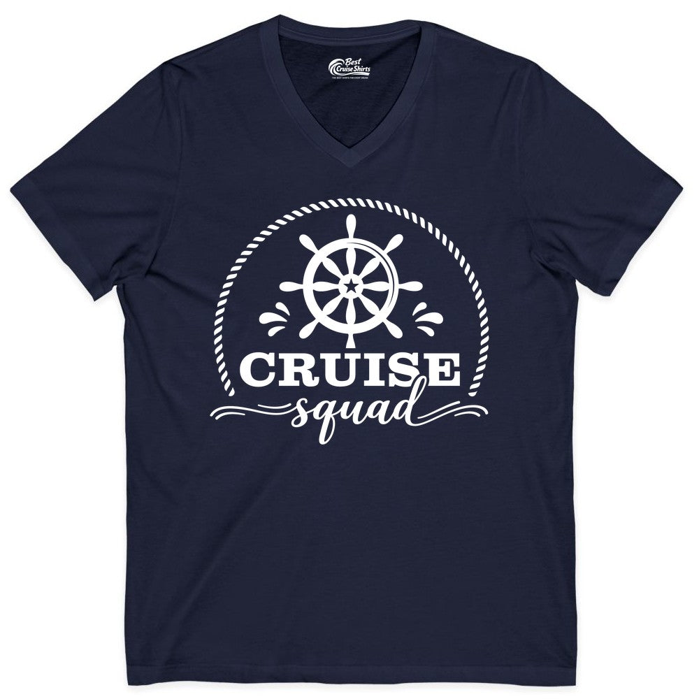 Cruise Squad Shirt - Nautical Wheel Group Cruise Apparel Matching (V-Neck) in Navy - Cruise Squad Nautical Wheel Shirt - Rope and Fun Script Group Apparel