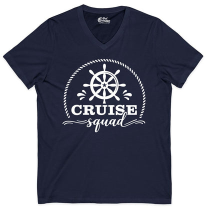 Cruise Squad Shirt - Nautical Wheel Group Cruise Apparel Matching (V-Neck) in Navy - Cruise Squad Nautical Wheel Shirt - Rope and Fun Script Group Apparel