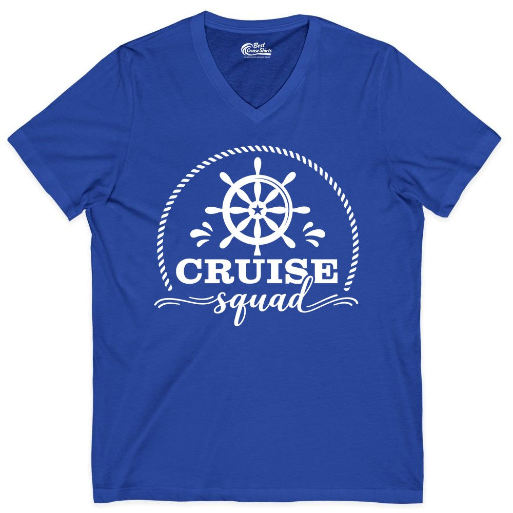 Cruise Squad Shirt - Nautical Wheel Group Cruise Apparel Matching (V-Neck) in True Royal - Cruise Squad Nautical Wheel Shirt - Rope and Fun Script Group Apparel
