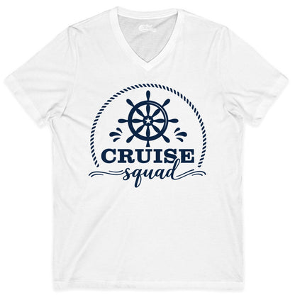 Cruise Squad Shirt - Nautical Wheel Group Cruise Apparel Matching (V-Neck) in White - Cruise Squad Nautical Wheel Shirt - Rope and Fun Script Group Apparel