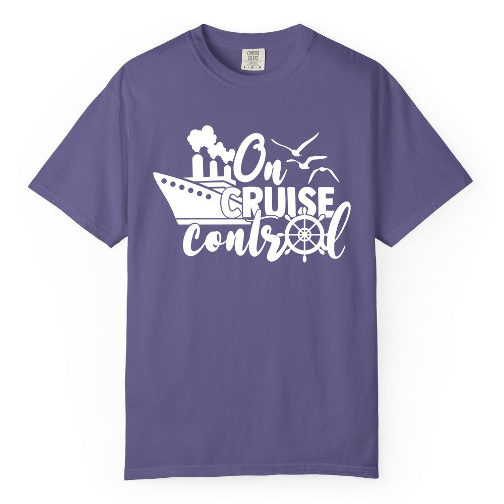 On Cruise Control Shirt - Nautical Cruise Ship Apparel Vacation Tee (Comfort Color) in Grape - On Cruise Control Shirt - Nautical Wheel Cruise Ship Vacation Tee